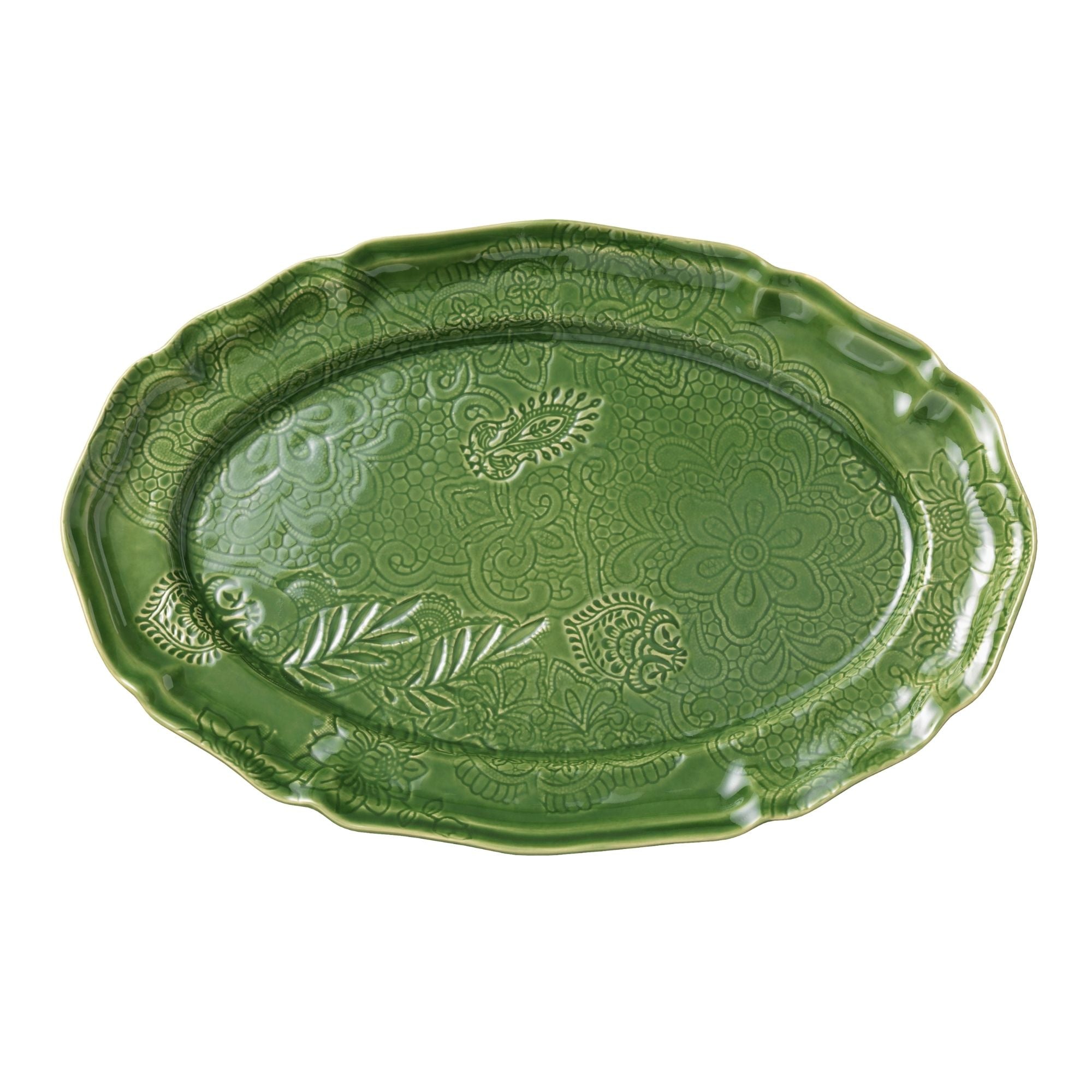 Large oval serving platter in spring green, leaf and vine pattern, ceramic, 49 x 32 cm