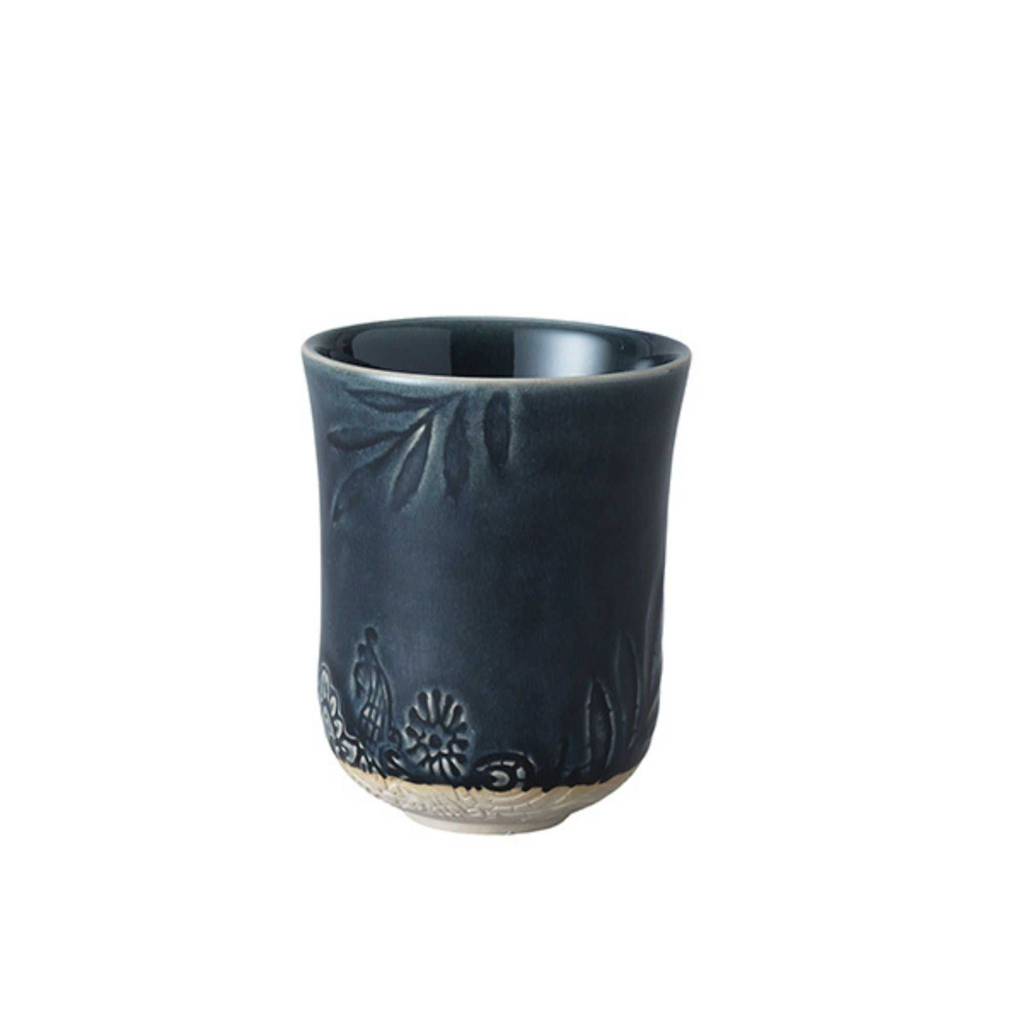 Thunder navy ceramic latte cup, white stoneware, 15 cm high