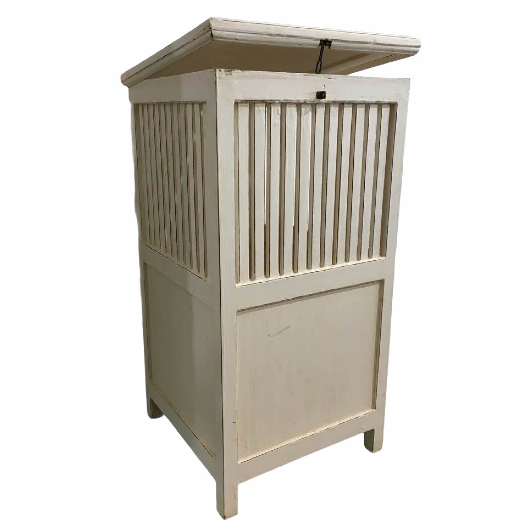 Teak wood laundry box in white, slatted top, with striped cotton liner, 50 x 50 x 90 cm