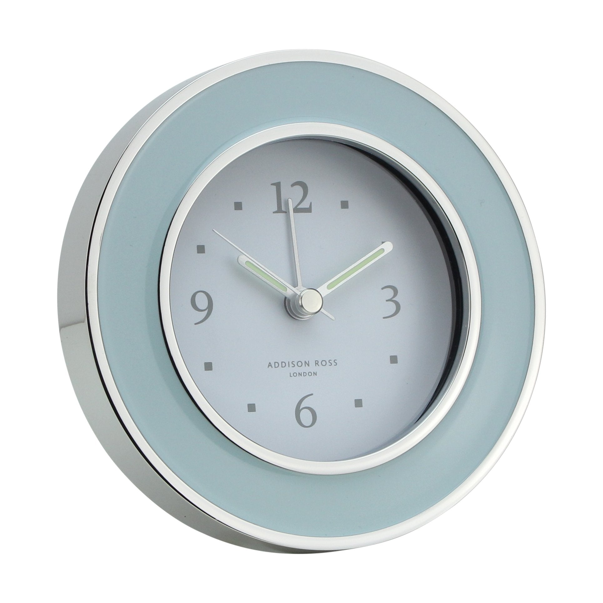 Round light blue enamel and silver silent alarm clock with glow-in-the-dark hands