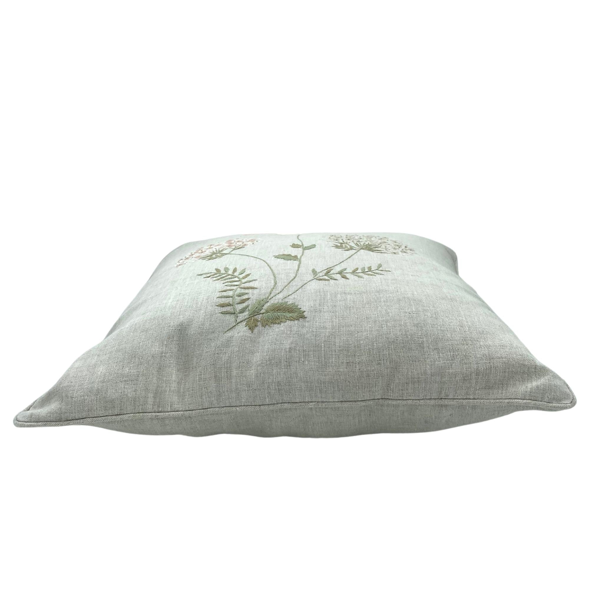 Spring blossom linen cushion, hand embroidered, detail view