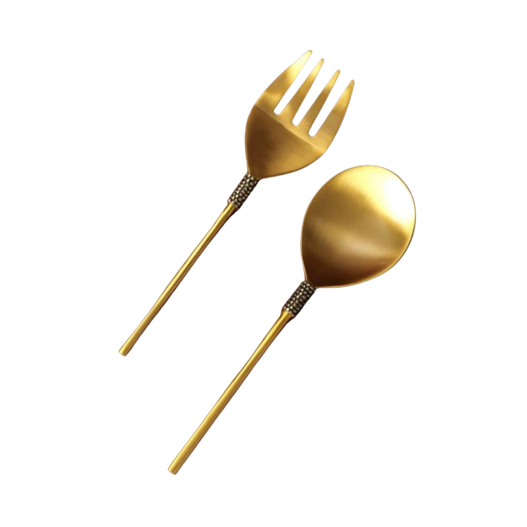 Masai gold brass salad server set, spoon and fork, handcrafted, 26 cm