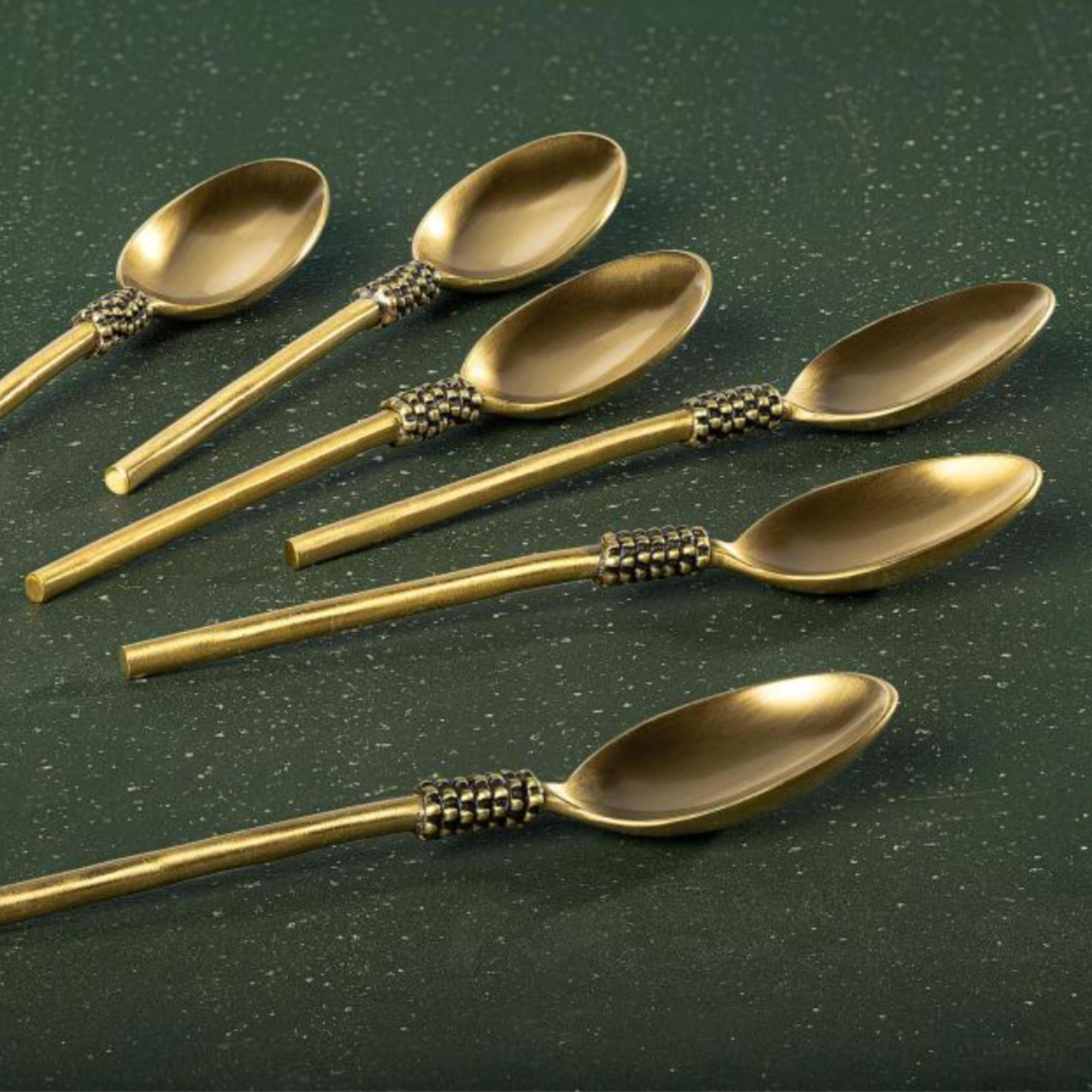 Masai gold brass table spoon, handcrafted, detail view