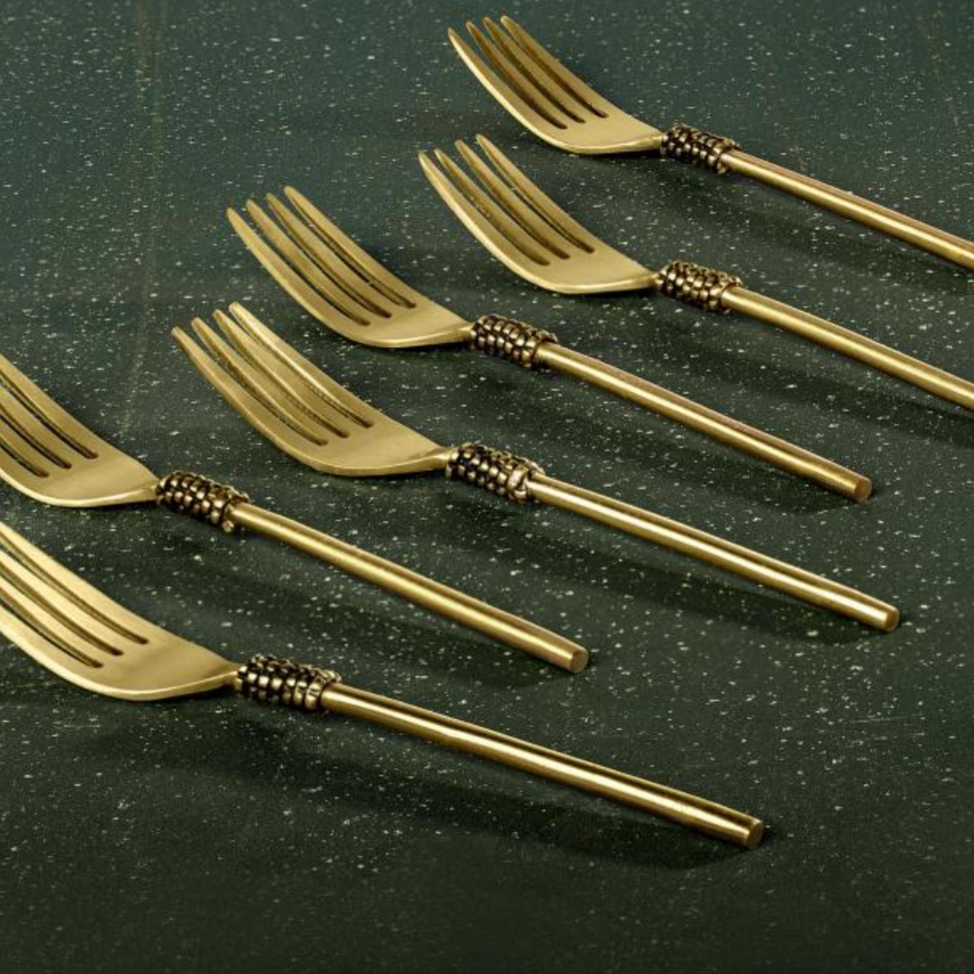 Masai gold brass table fork, handcrafted, detail view
