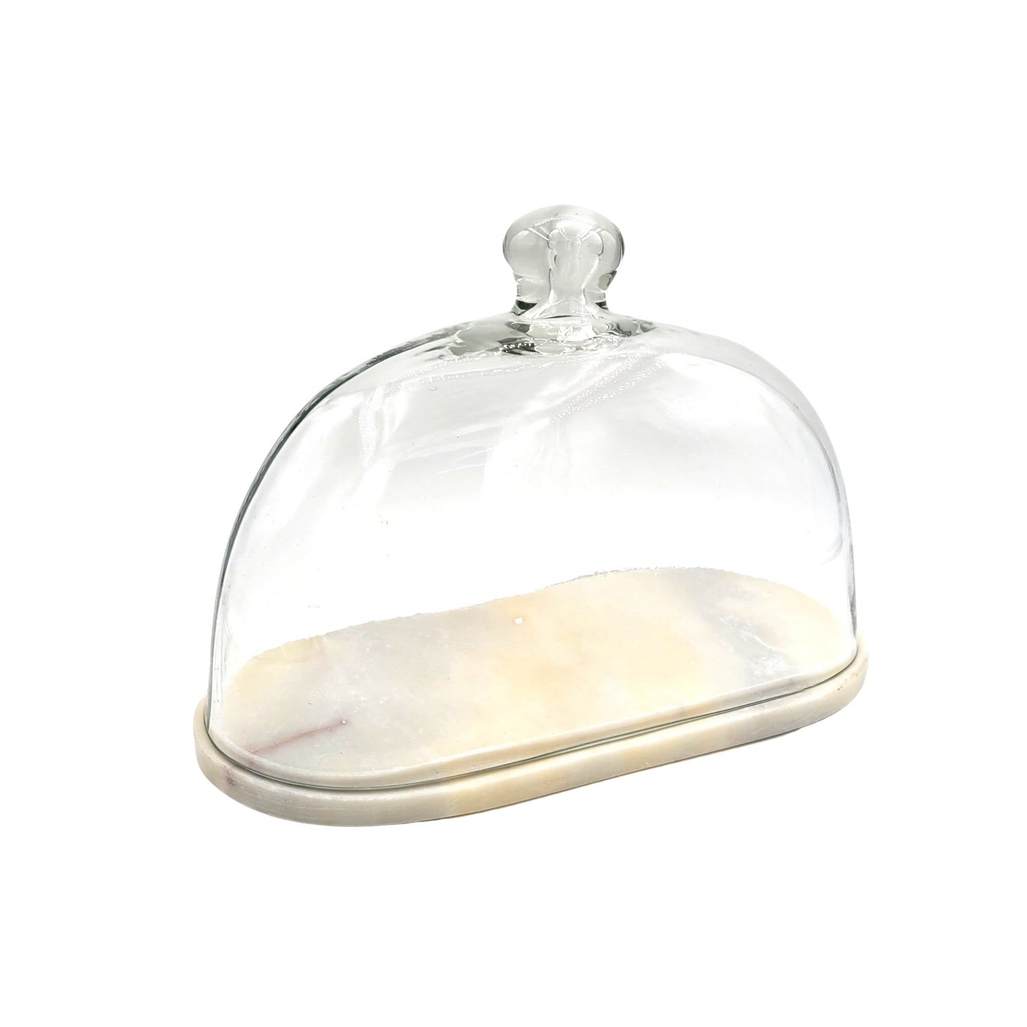 Oval glass cloche with marble base by Ellementry, for cheese or pastry, 27.5 x 13 x 19 cm