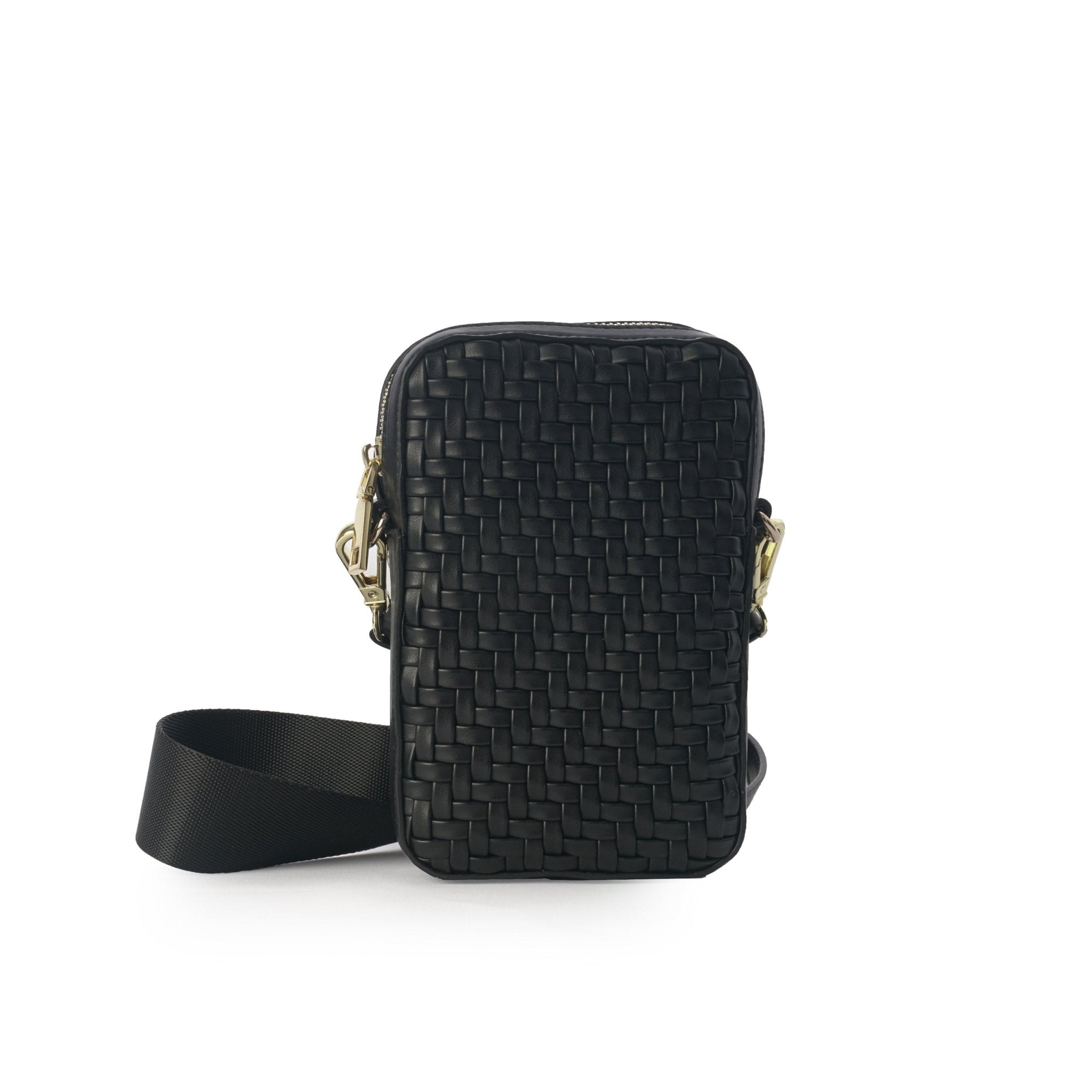 Black braided vegan leather phone and shoulder bag, detail view