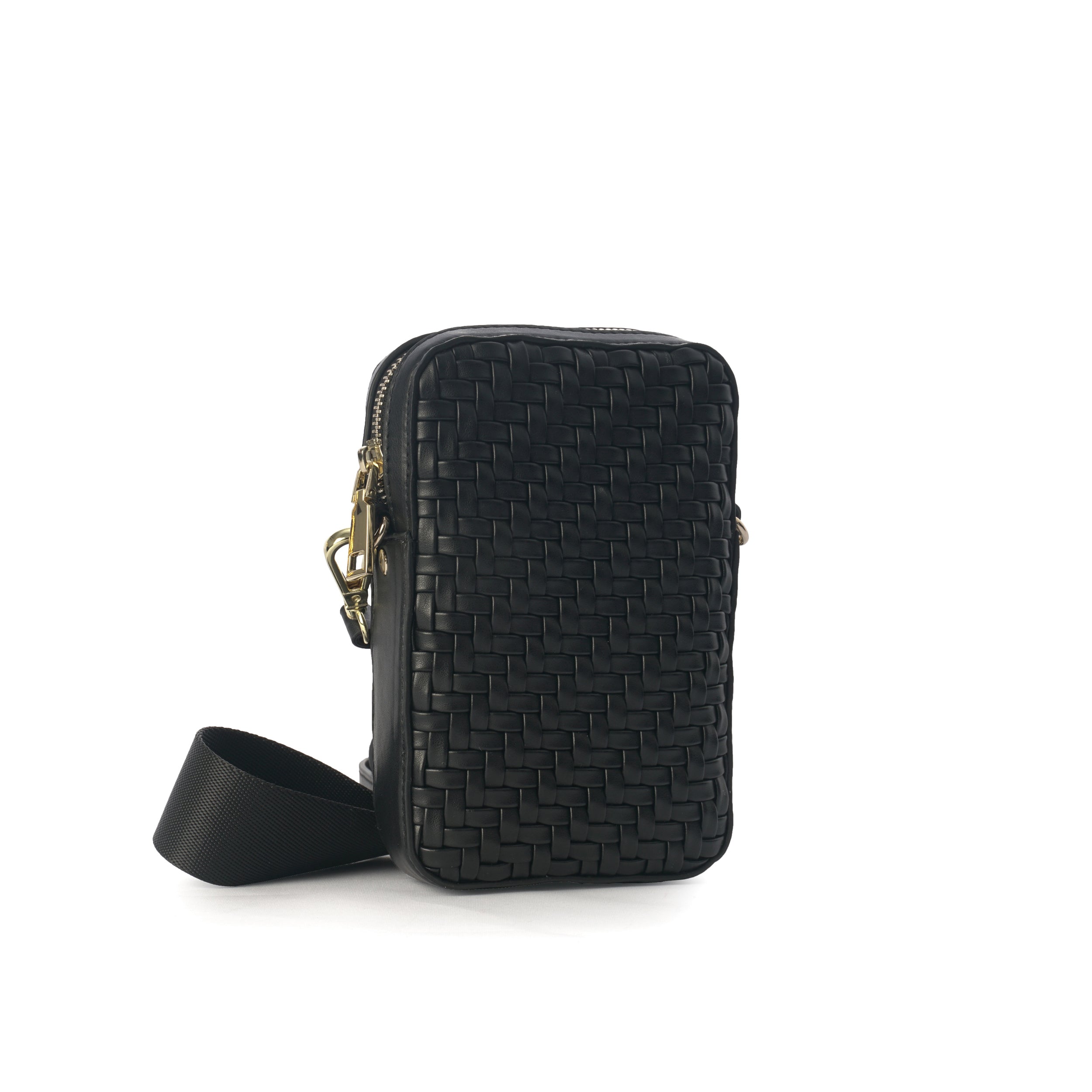 Pine black phone bag with adjustable strap, vegan leather, styled