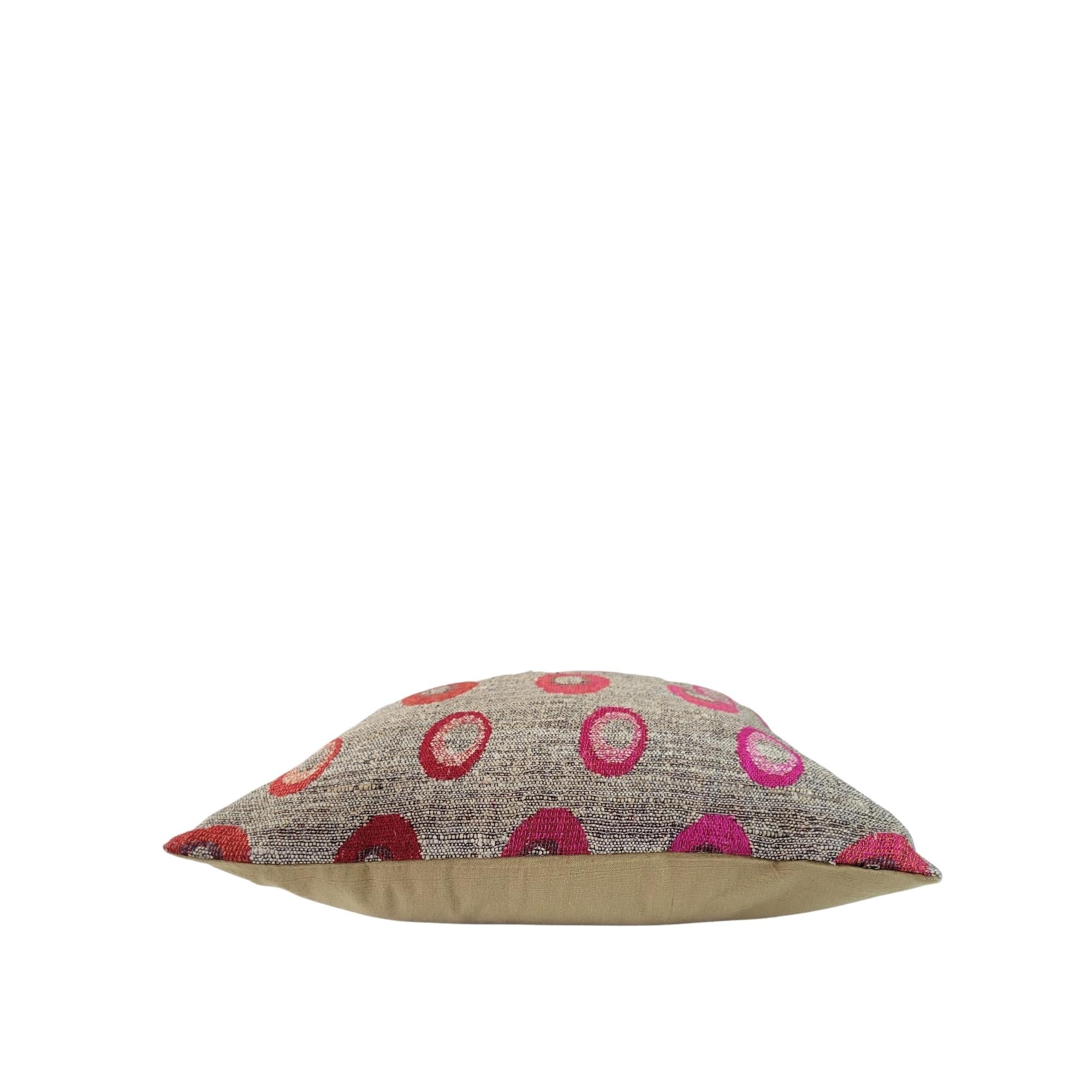 Polka dot handwoven cushion, wool and silk, detail, India
