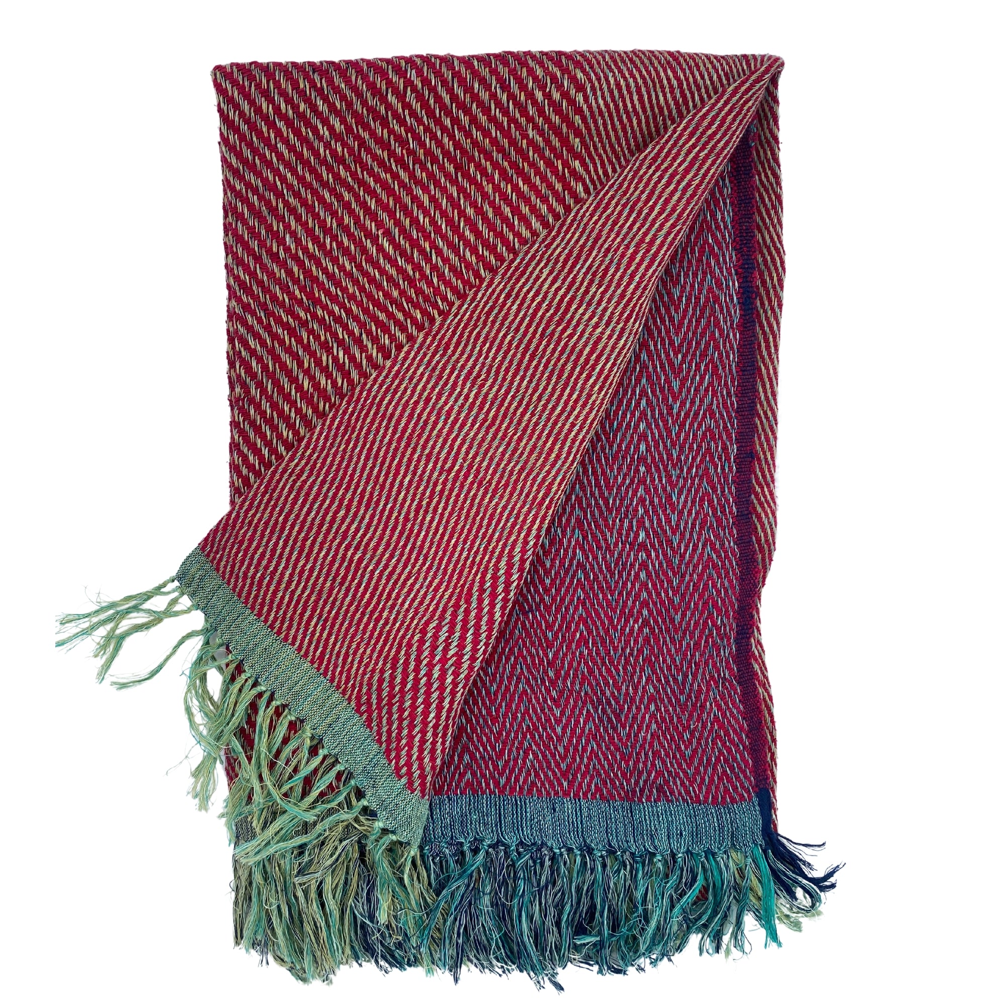Red handwoven striped throw, silk and linen, detail