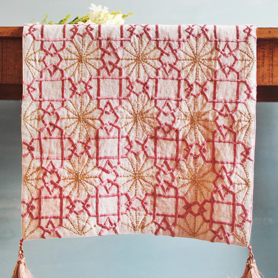 Suzani Pink Silk Sitara linen runner, dusty pink silk geometric embroidery, 40 x 228cm