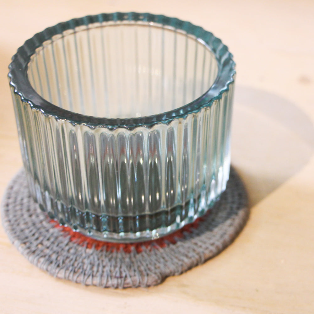 Ribbed glass tea light holders in teal, set of three