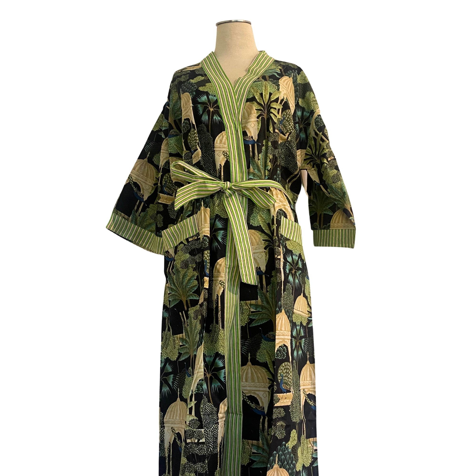 Black Paradise block print cotton robe, tropical garden print, styled