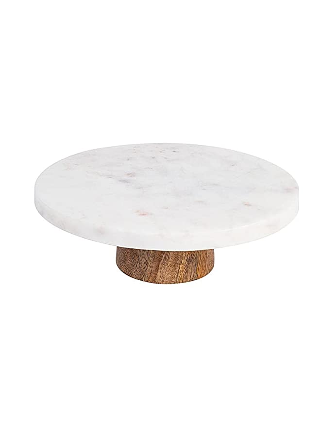 Round marble cake stand with wooden base, handcrafted and food safe serving stand