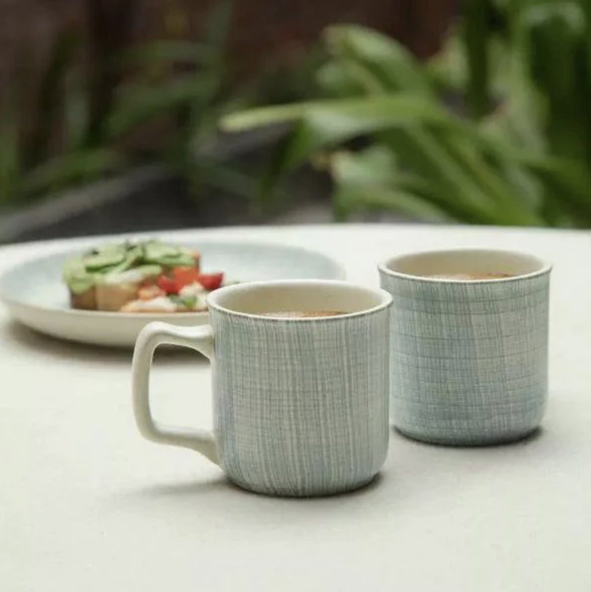 Saan ceramic mug set of 2, hand-painted blue chequered pattern, 250ml each