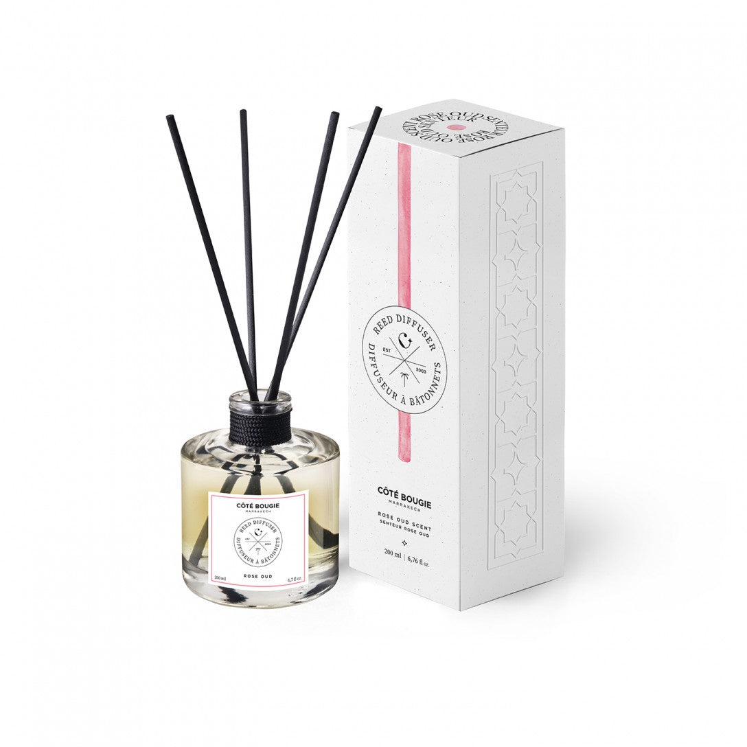 Rose Oud reed diffuser, 100ml with vegetal reed sticks, rose oud fragrance