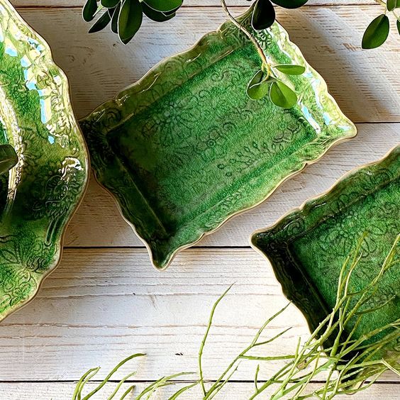 Seaweed green Sthal rectangular appetiser plate, white stoneware