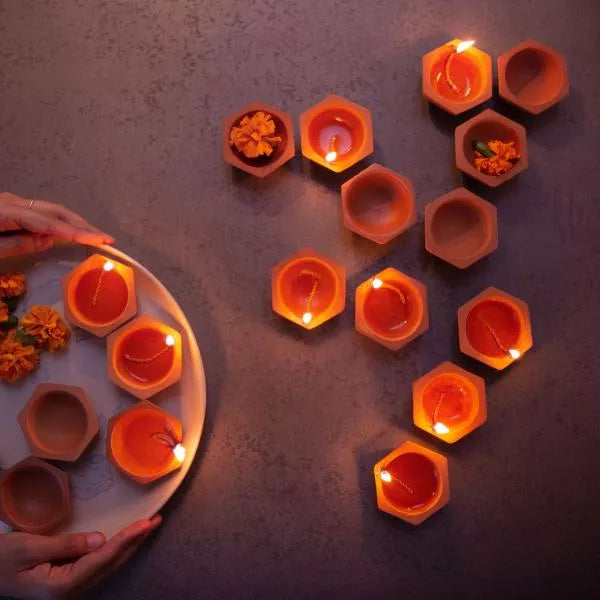 Set of 24 handmade terracotta diyas with cotton wicks, Diwali oil lamps, detail