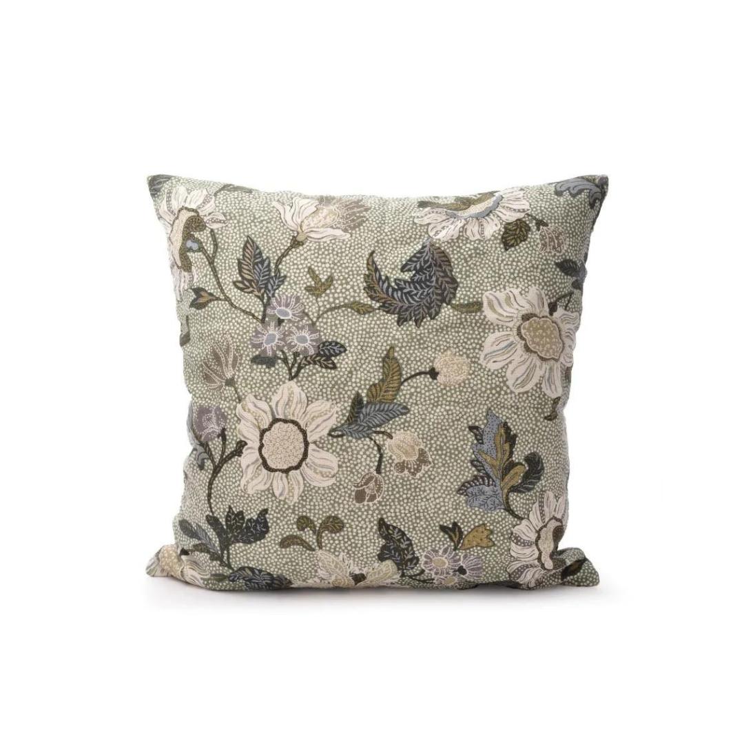 Soft green Flower Linen cushion cover, 50 cm