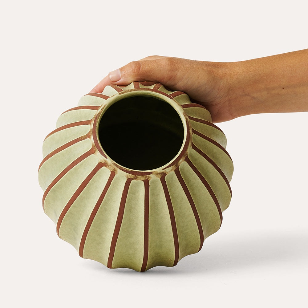 Sthal Salon round vase in avocado, ribbed high-fired terracotta with green glaze, 16cm dia