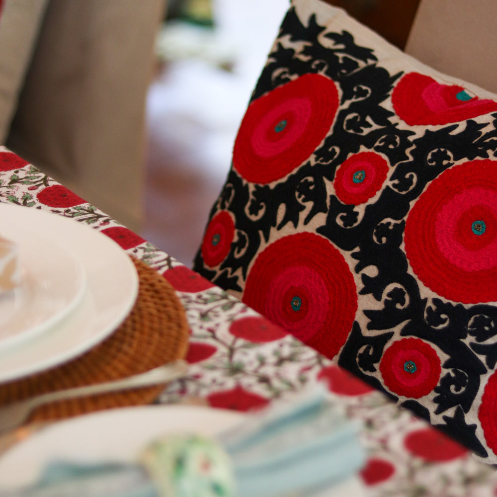Suzani Balqash linen cushion in red and black with turquoise centre, 45 x 45cm