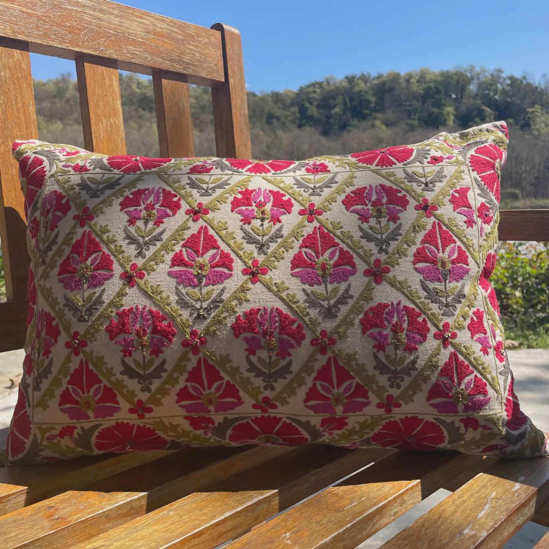 Suzani Gulestaan linen cushion, detail of embroidery