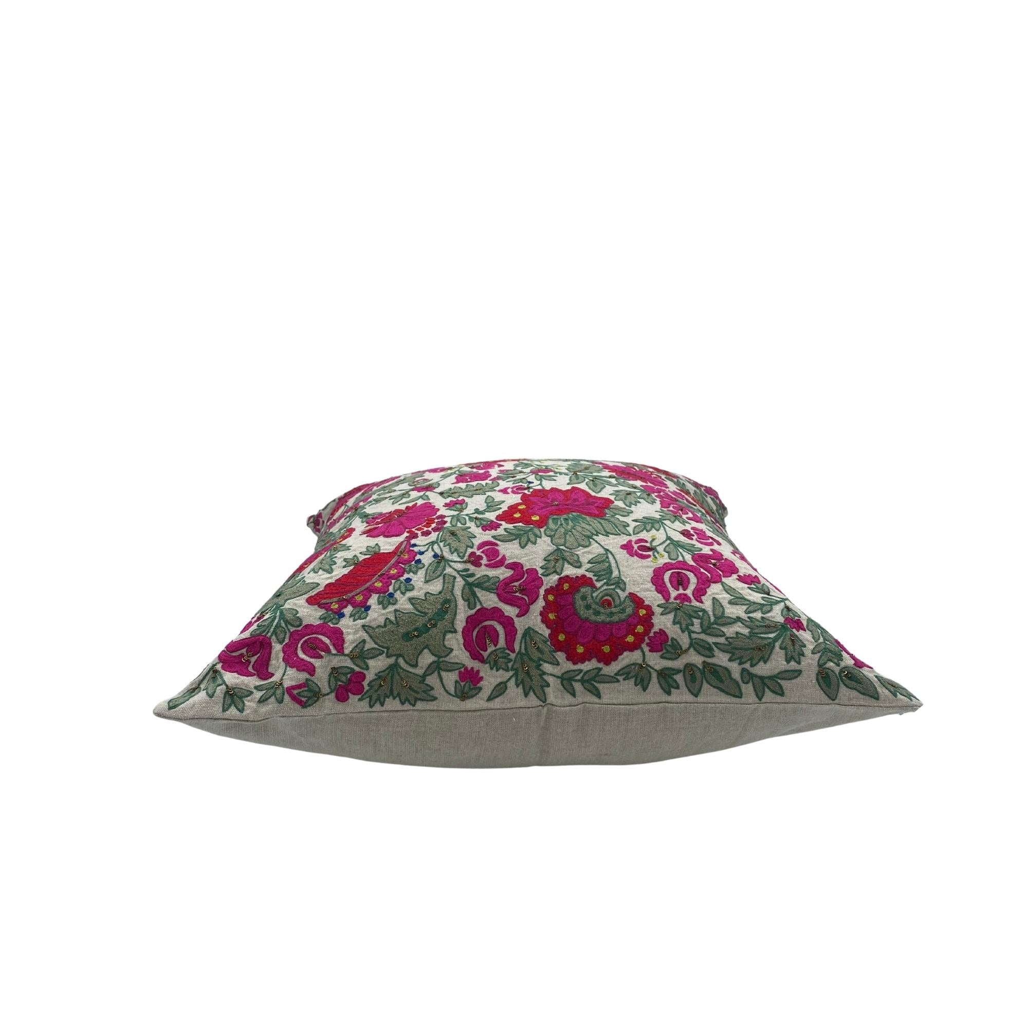 Suzani Bright Flower linen cushion, red, pink and green floral work