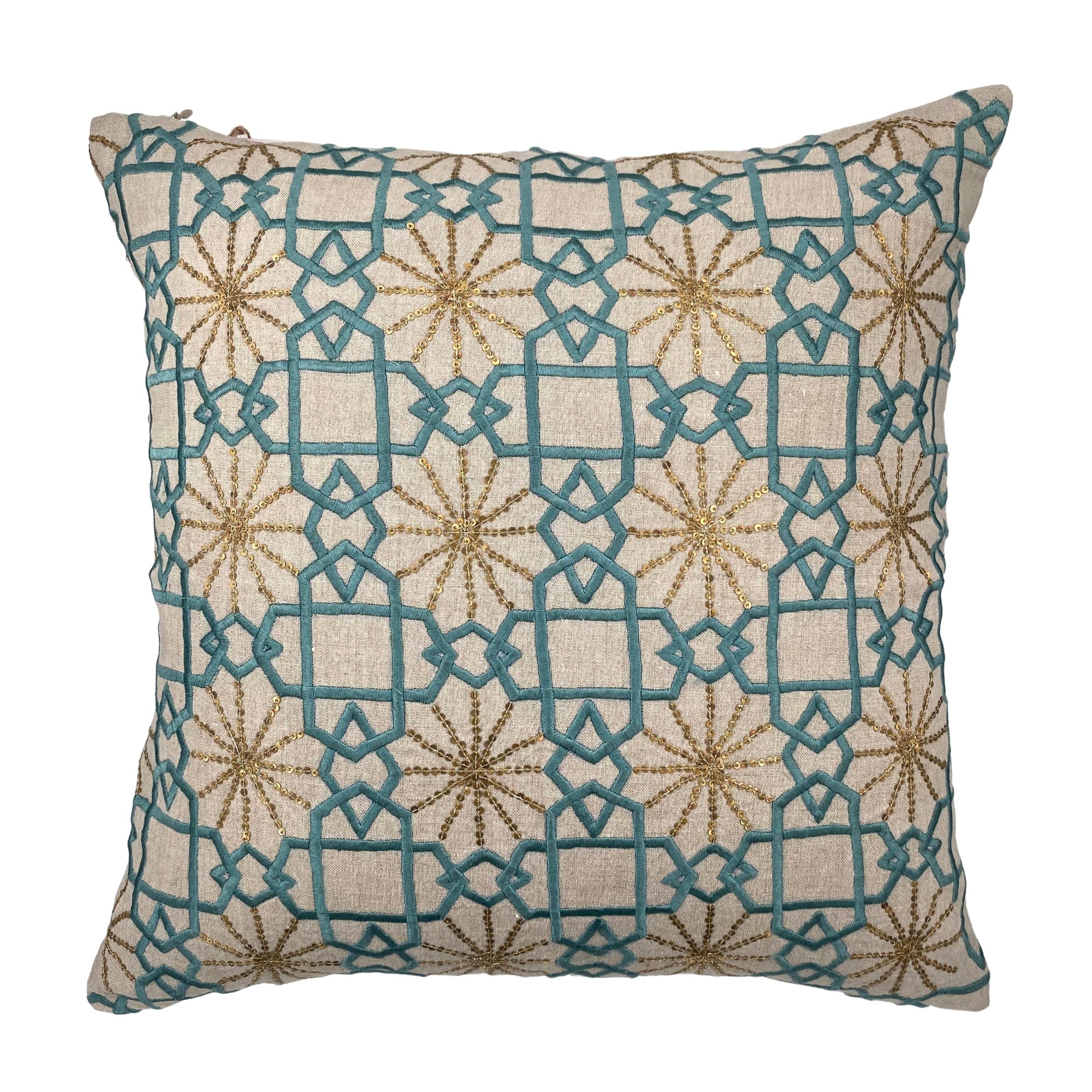 Suzani Teal Silk Sitara linen cushion, detail of silk embroidery