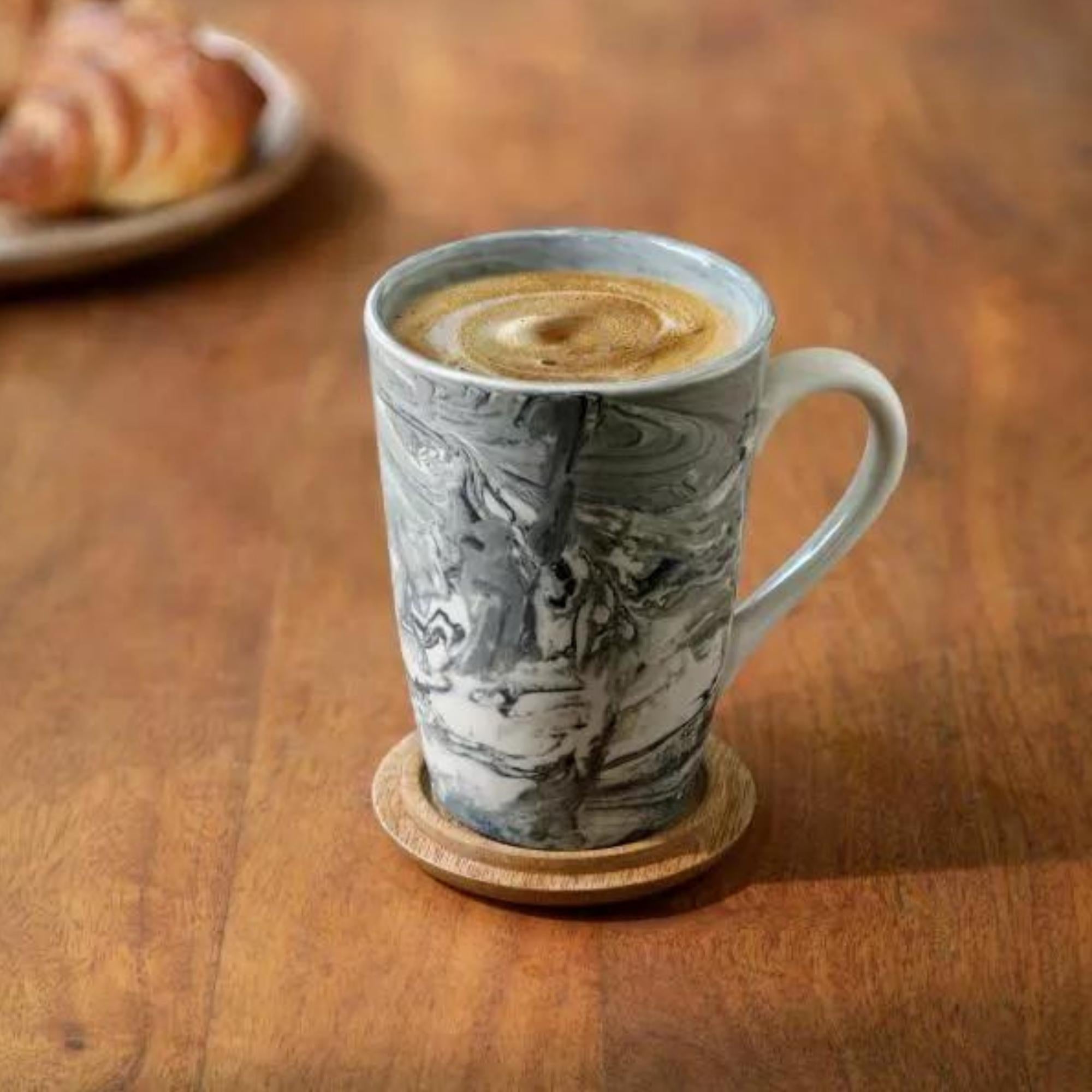 Tall carbon ceramic coffee mug with a wooden lid coaster, 350 ml