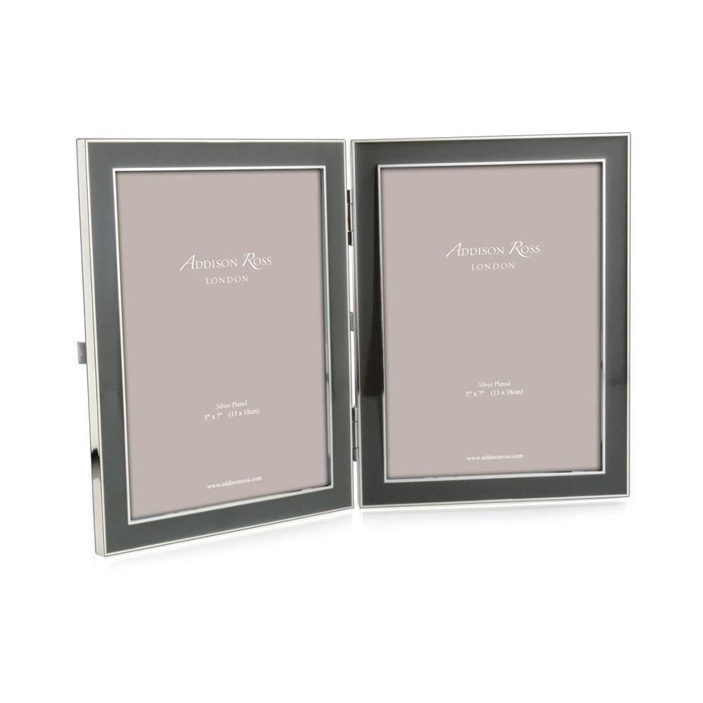 Enamel double frame in chiffon grey by Addison Ross, holds two 5 x 7 inch portraits in portrait