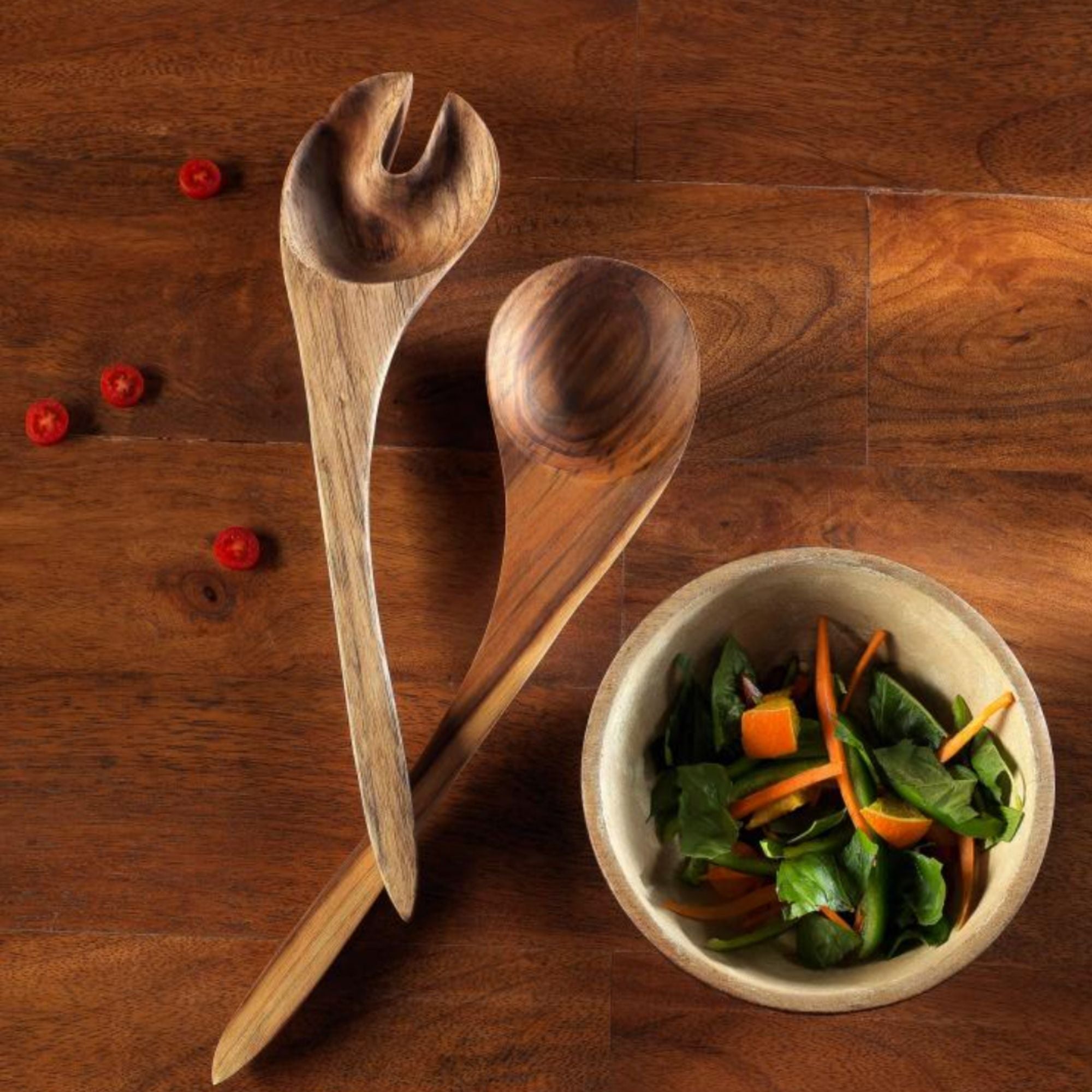 Teak salad serving spoon and fork set of 2, handcrafted