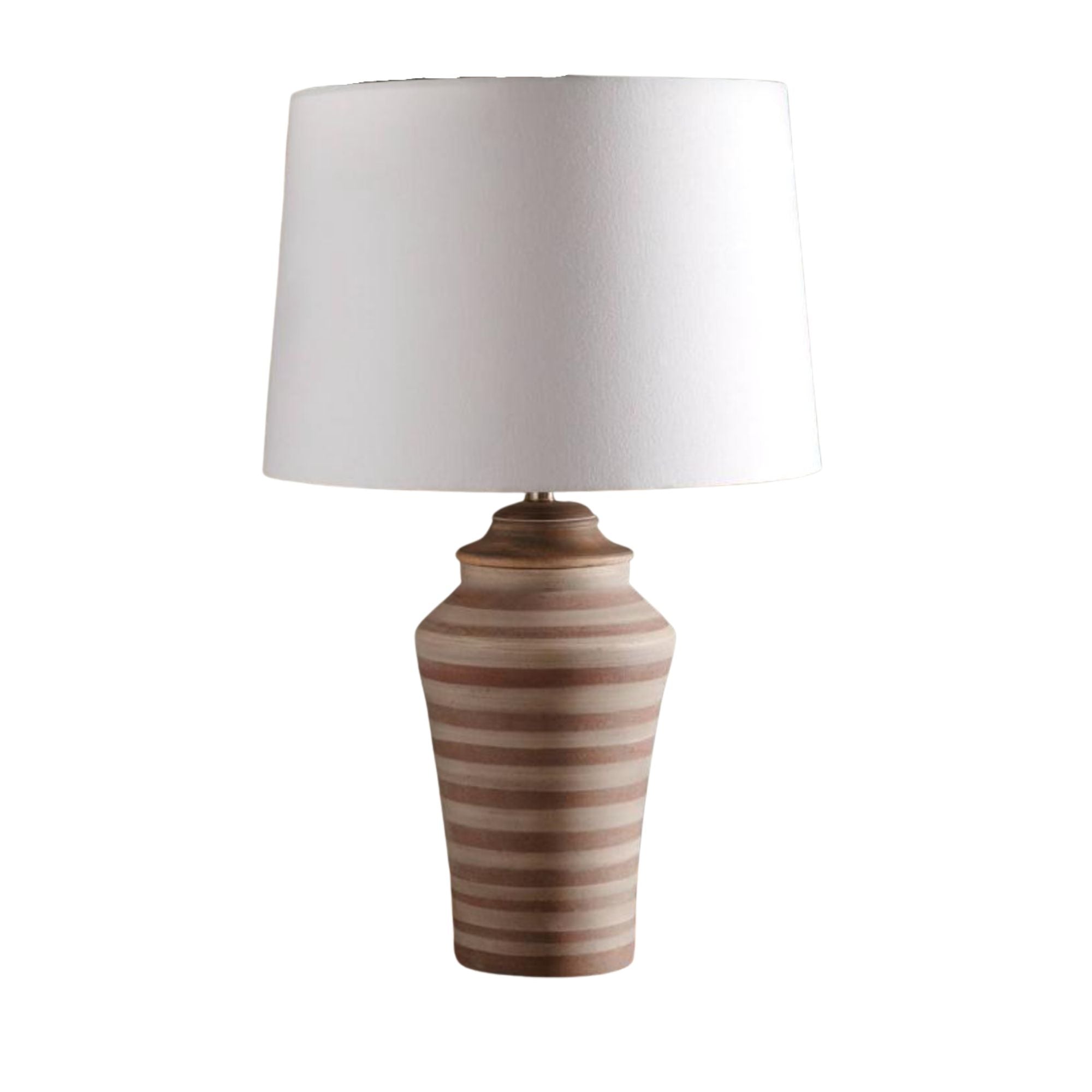 Terracotta table lamp with striped base and white cotton shade