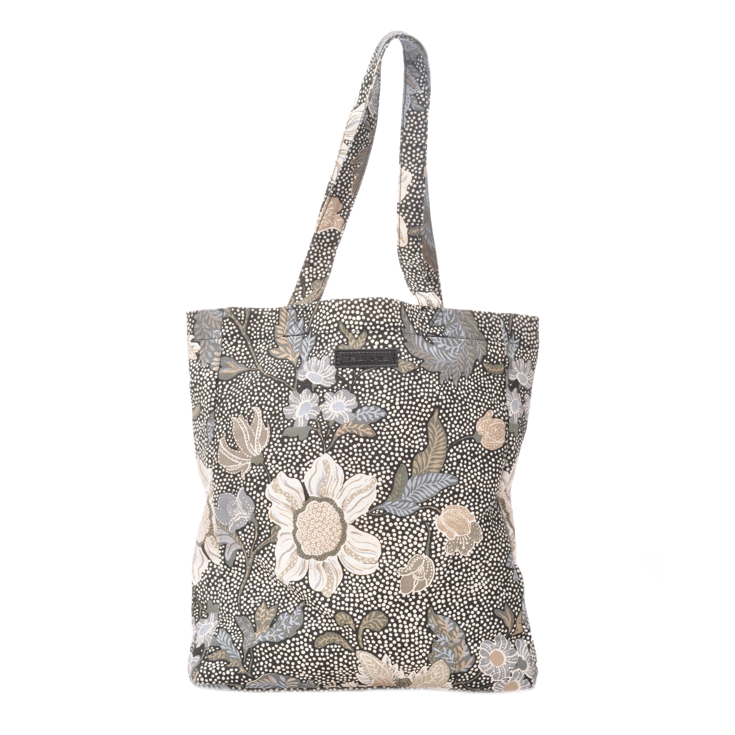 Ceannis Flower Linen tote bag in black with floral pattern, linen-cotton