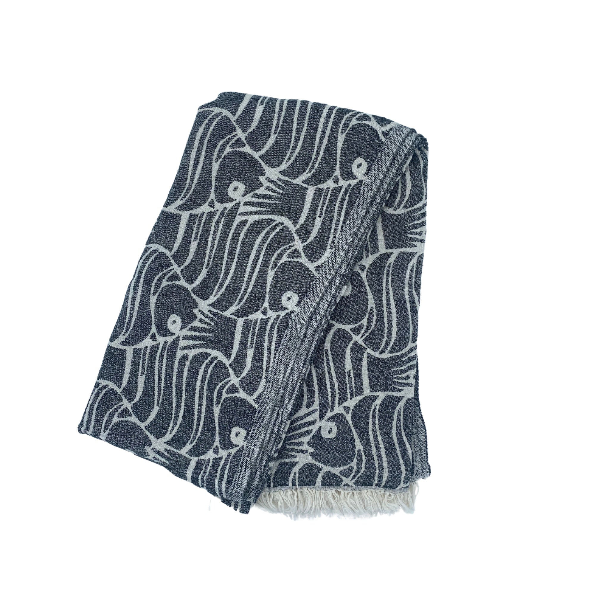 Fish design Turkish beach towel in grey, flat weave cotton, 88 x 175cm