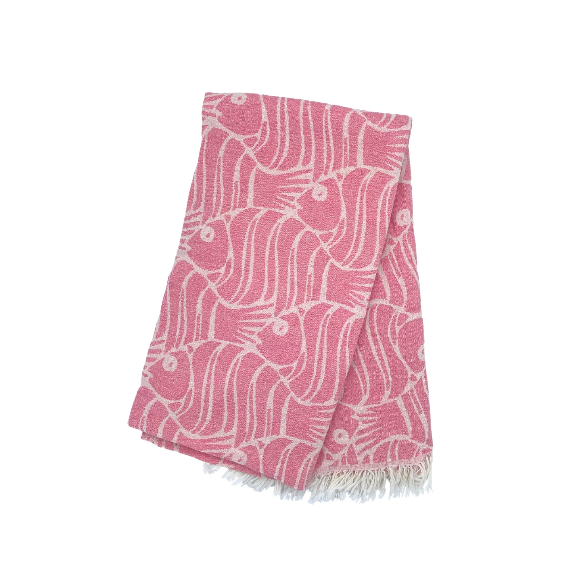 Fish design Turkish beach towel in pink, flat weave cotton, 88 x 175cm