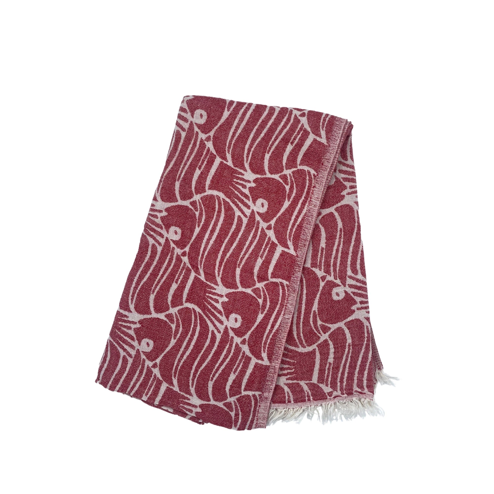 Fish design Turkish beach towel in red, flat weave cotton, 88 x 175cm