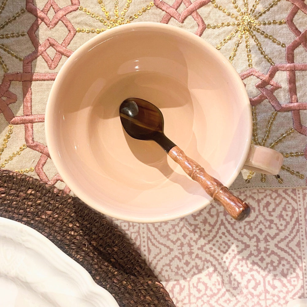 Horn small spoon and fork with bamboo-effect wooden handles, about 13 cm