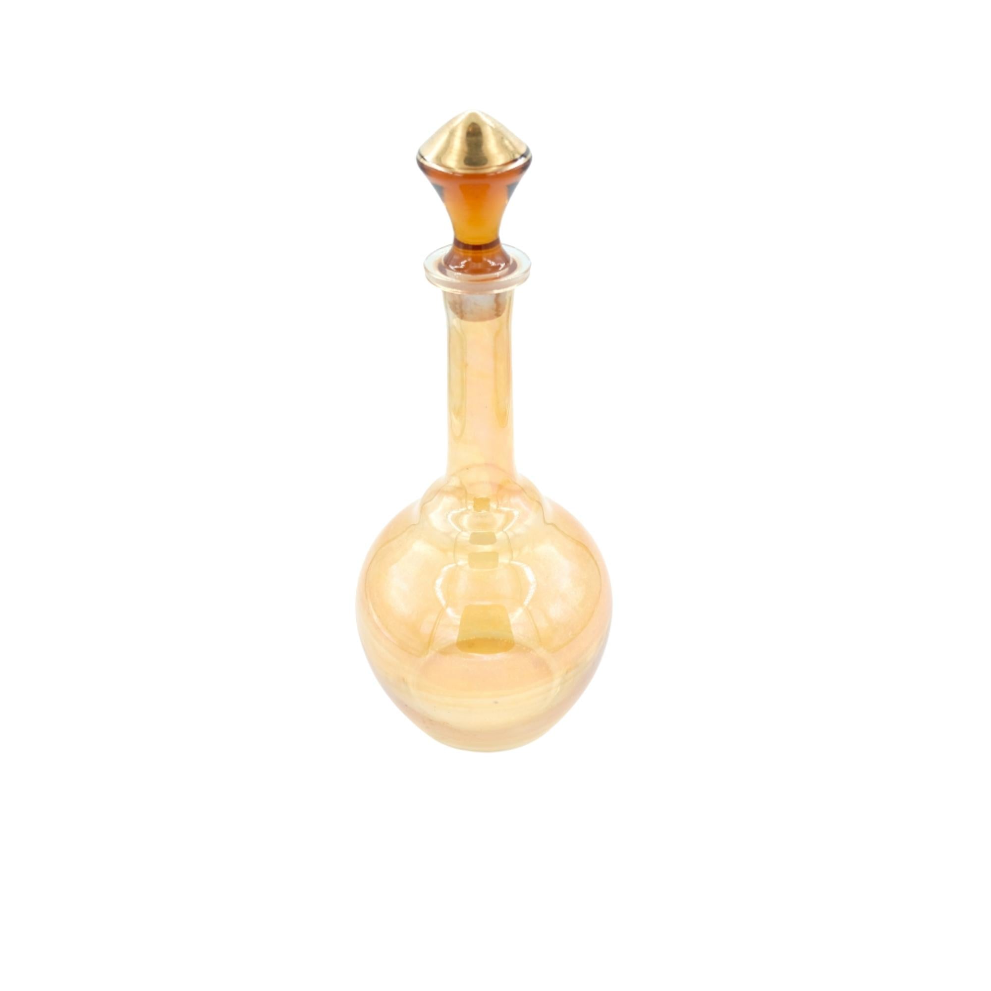 Vintage amber and gold glass bottle with stopper, 32 cm decorative carafe