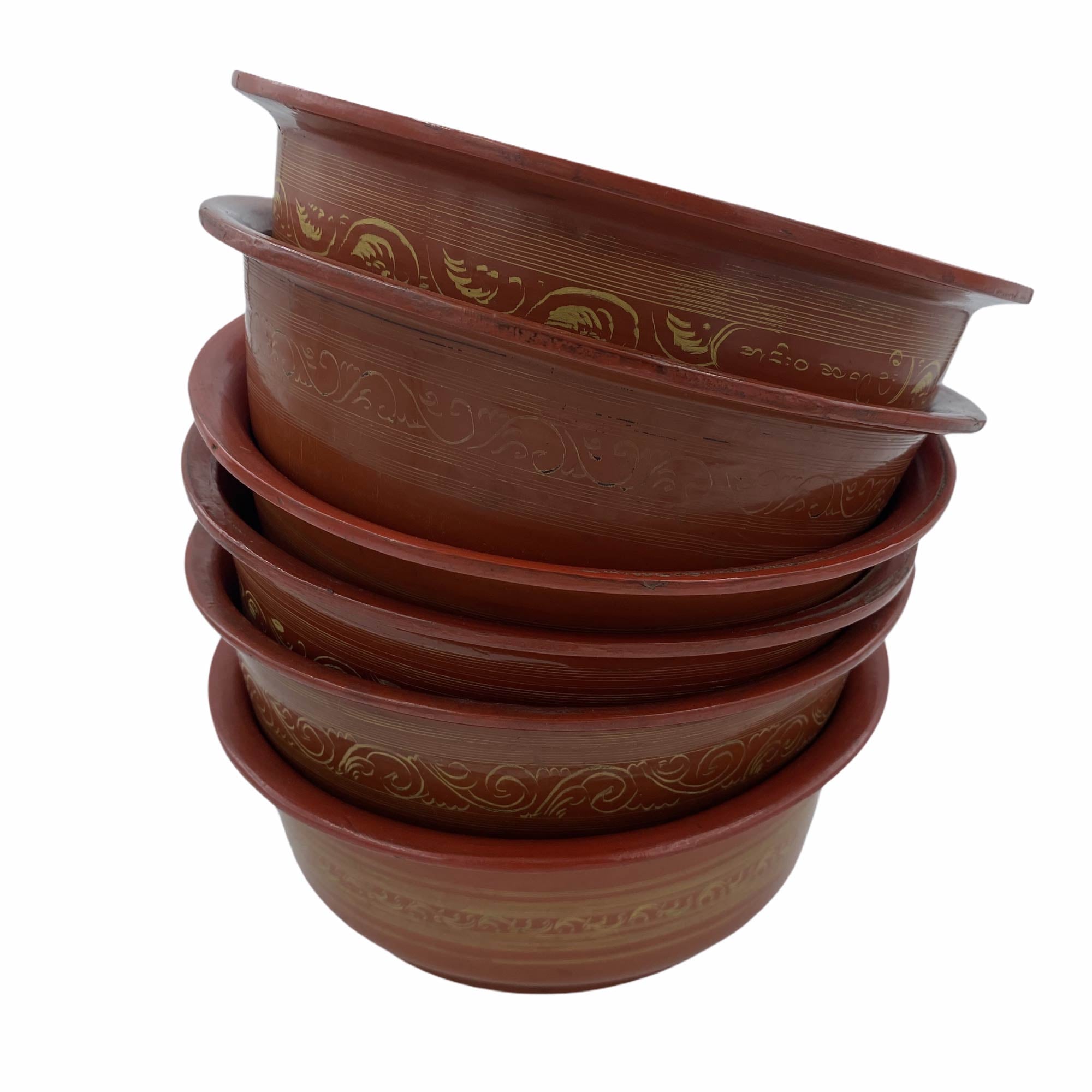 Small vintage wooden lacquer bowl, striking grain, angled view