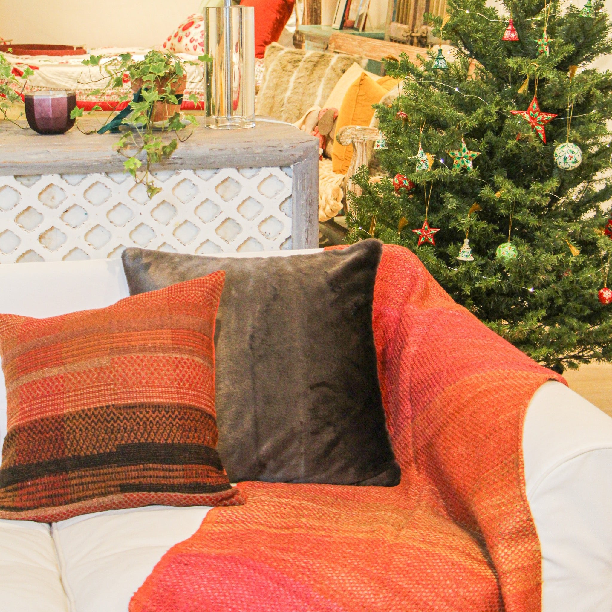 Warm red handwoven silk and linen throw, detail, India