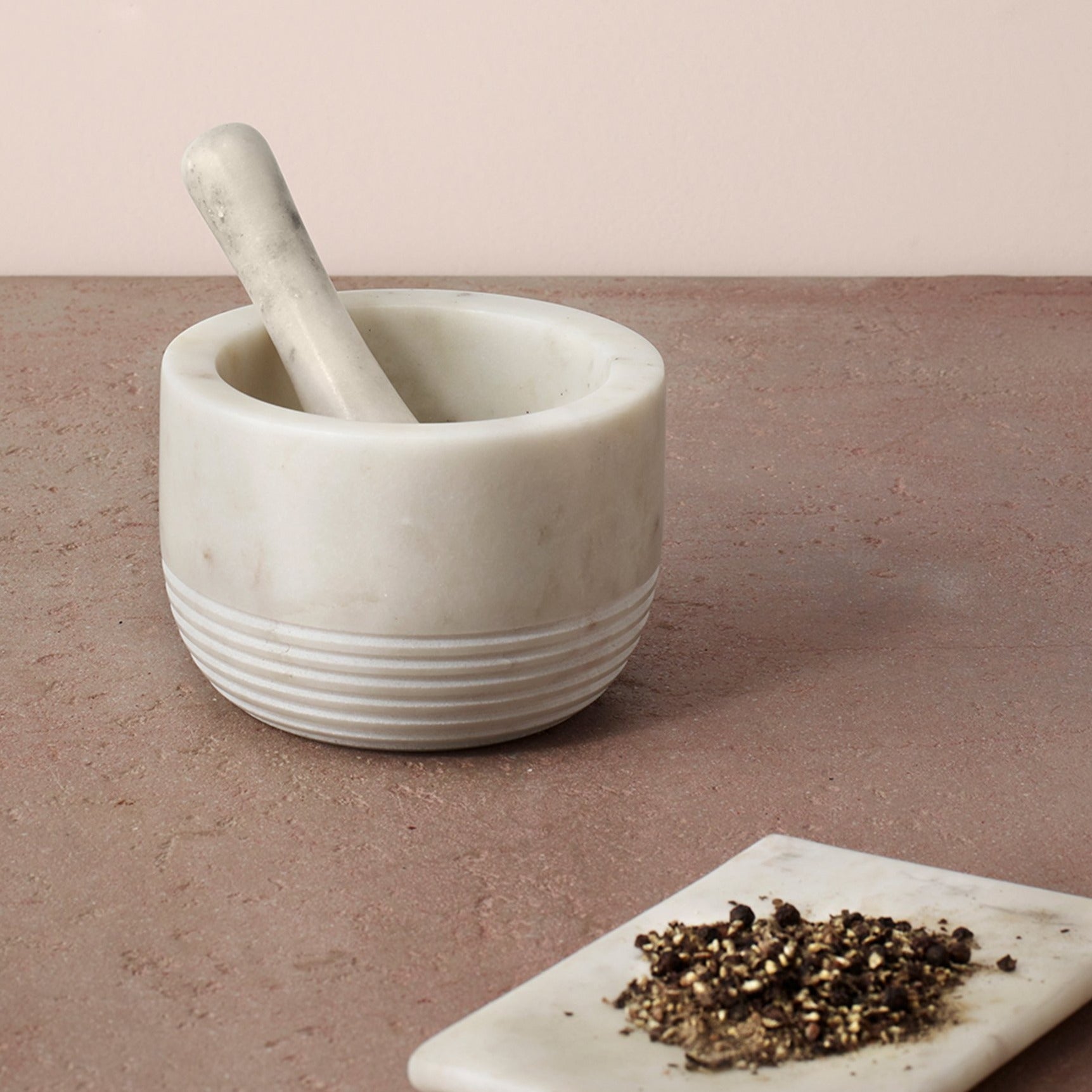 White marble mortar and pestle, handcrafted, detail