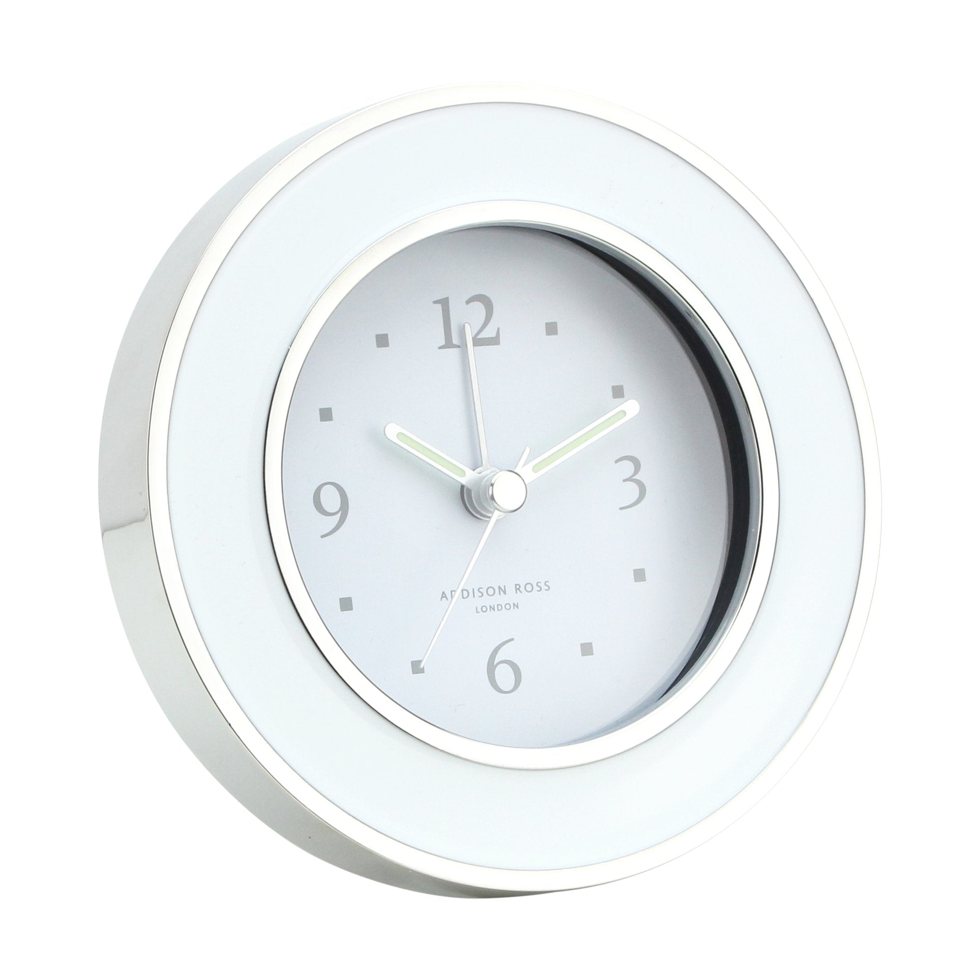 Round white enamel and silver silent alarm clock with glow-in-the-dark hands