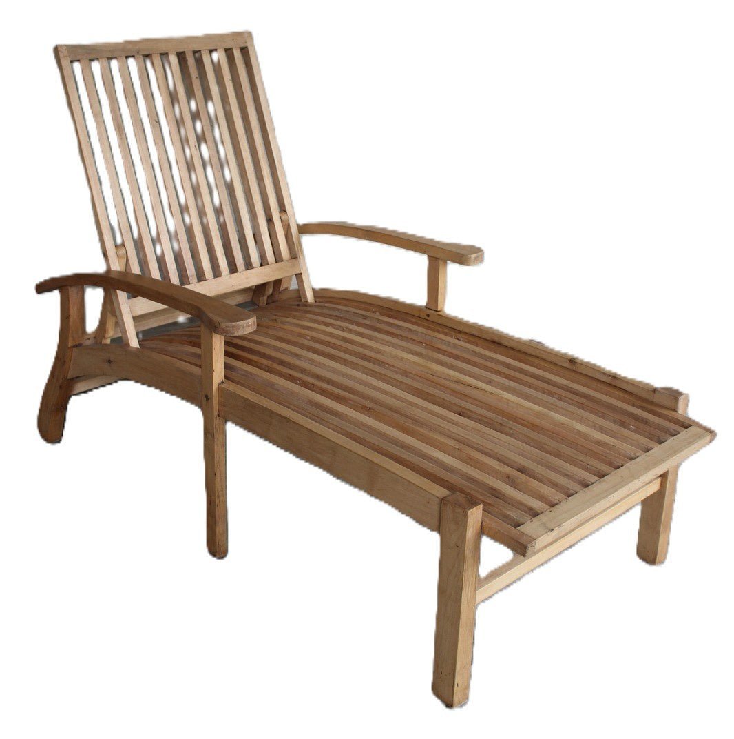 Vintage mango wood sun lounger stripped of paint and finished in wax, with an adjustable back, about 165cm long and 84cm wide