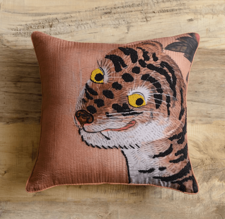 Printed silk cushion cover showing a yellow eyed cheetah hand embroidered with beads, 45 by 45cm, zip closure, filler extra