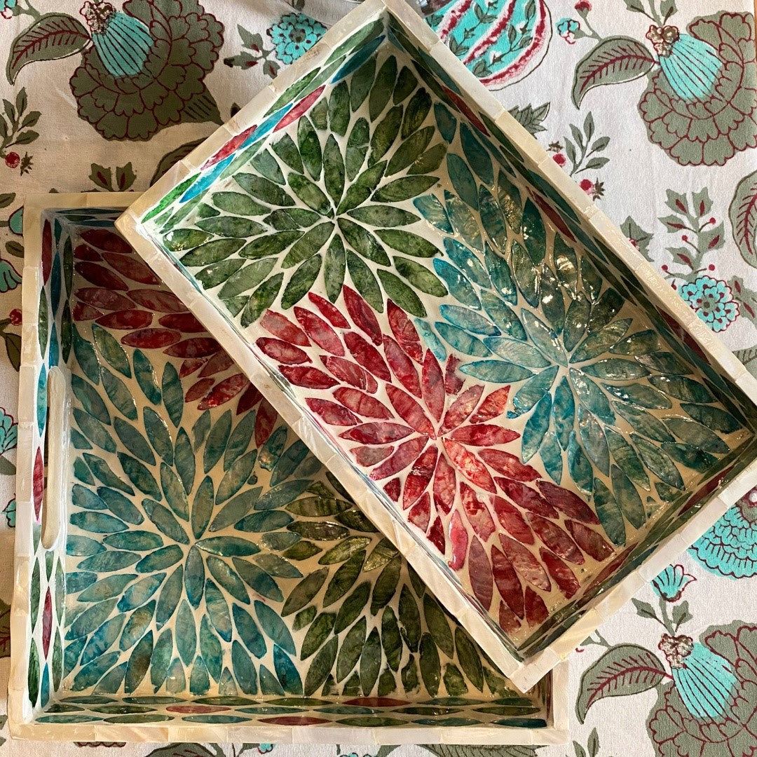Trays collection at Inside Living Hong Kong: lacquer, rattan and mother of pearl serving trays