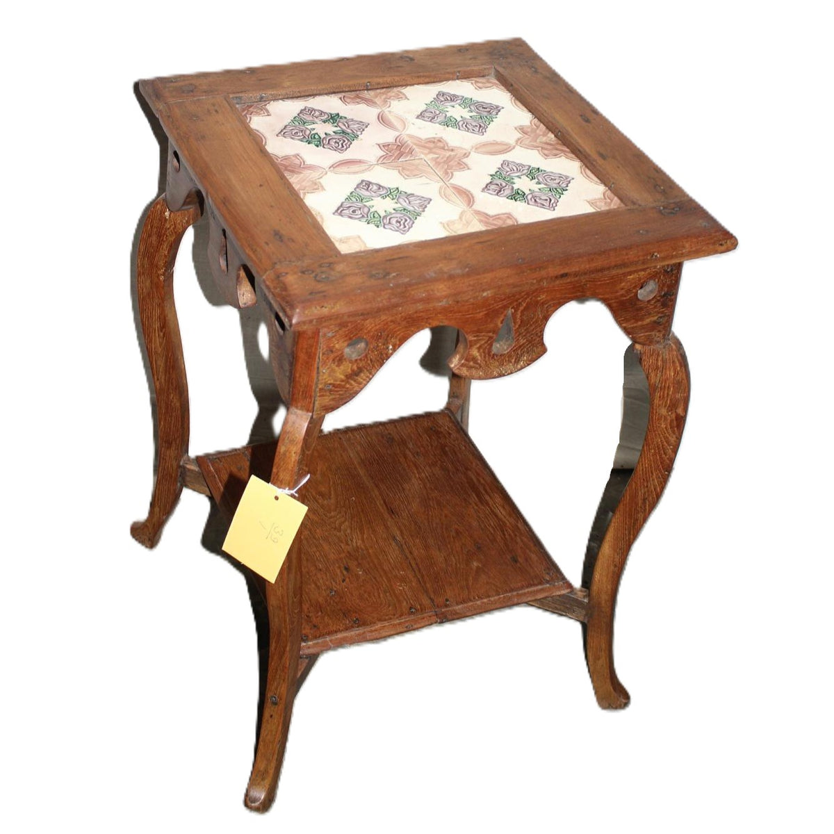 Vintage teak side table with a tiled top for hot drinks and a small shelf beneath, 65cm high by 45cm square.