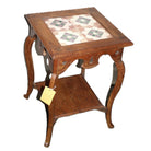 Vintage teak side table with a tiled top for hot drinks and a small shelf beneath, 65cm high by 45cm square.