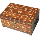 Vintage teak chest with bone inlay and brass fittings, made in India, 20cm high by 40cm long by 28cm deep.
