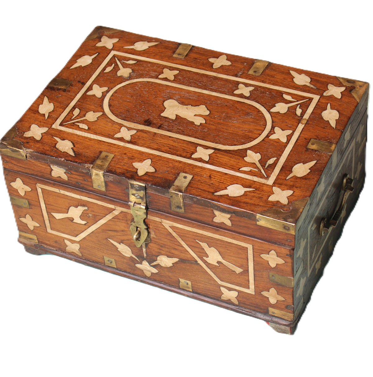 Vintage teak chest with bone inlay and brass fittings, made in India, 20cm high by 40cm long by 28cm deep.