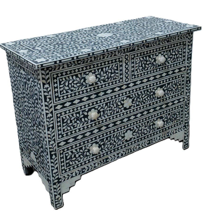 Charcoal painted chest of drawers with hand carved bone inlay in a leaf design, 104 cm wide, from India