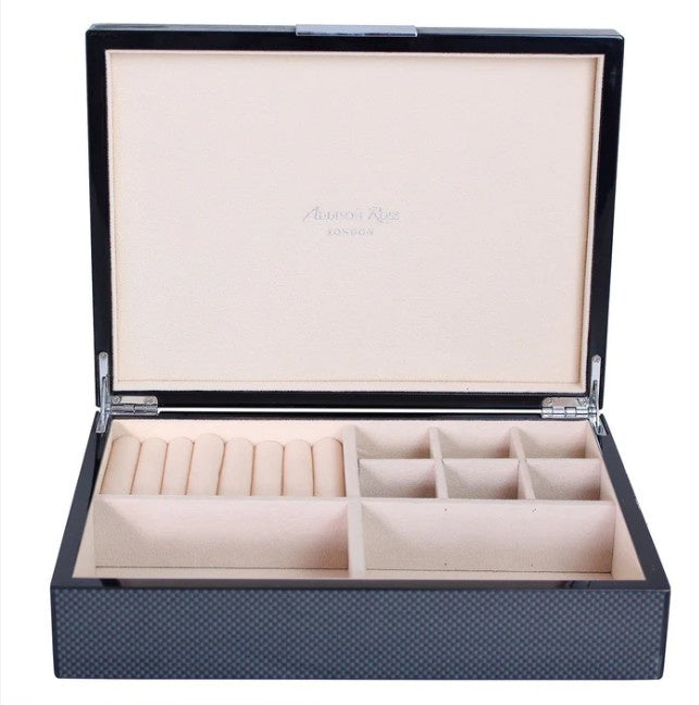 Carbon-fibre-effect high-gloss lacquer jewellery box lined in cream suede